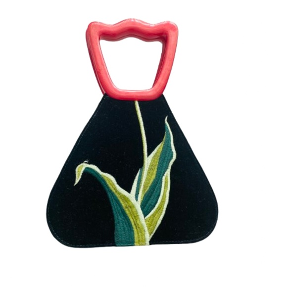 90s Vintage Black Flower Tulip Top-Handle Bag with Embroidered Leaves - Picture 1 of 4